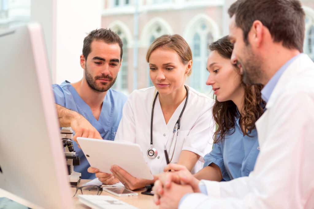 Medical team working at the hospital all together